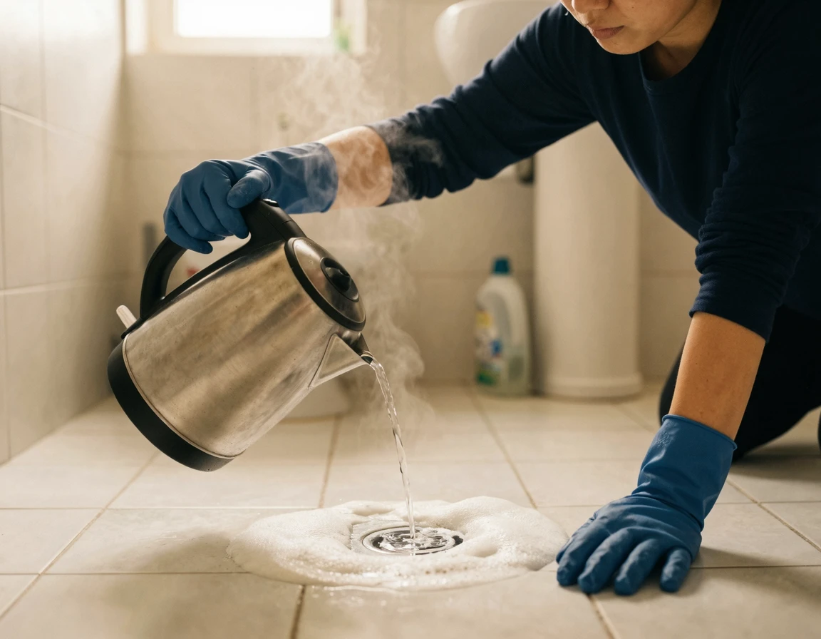 베이킹소다와 뜨거운 물을 활용해 하수구를 청소하는 모습