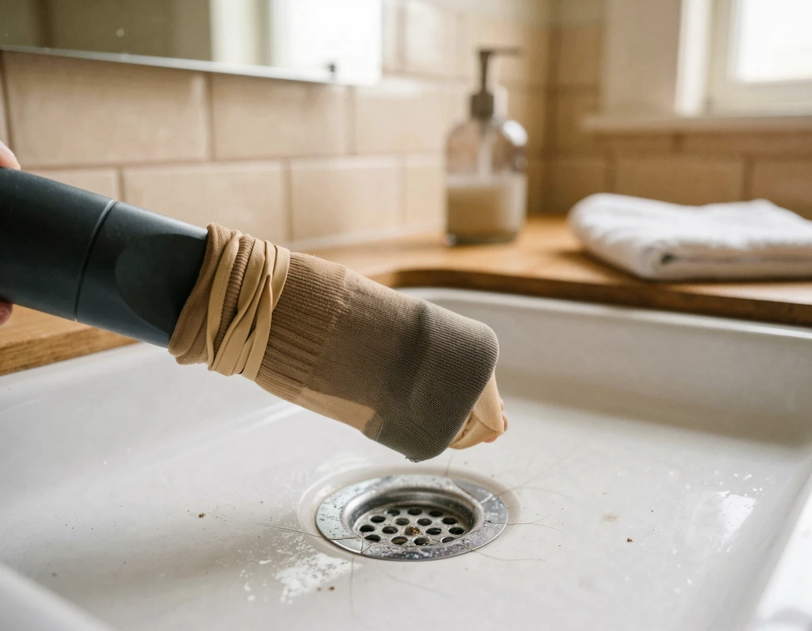 스타킹을 씌운 청소기로 세면대 하수구를 흡입하는 모습