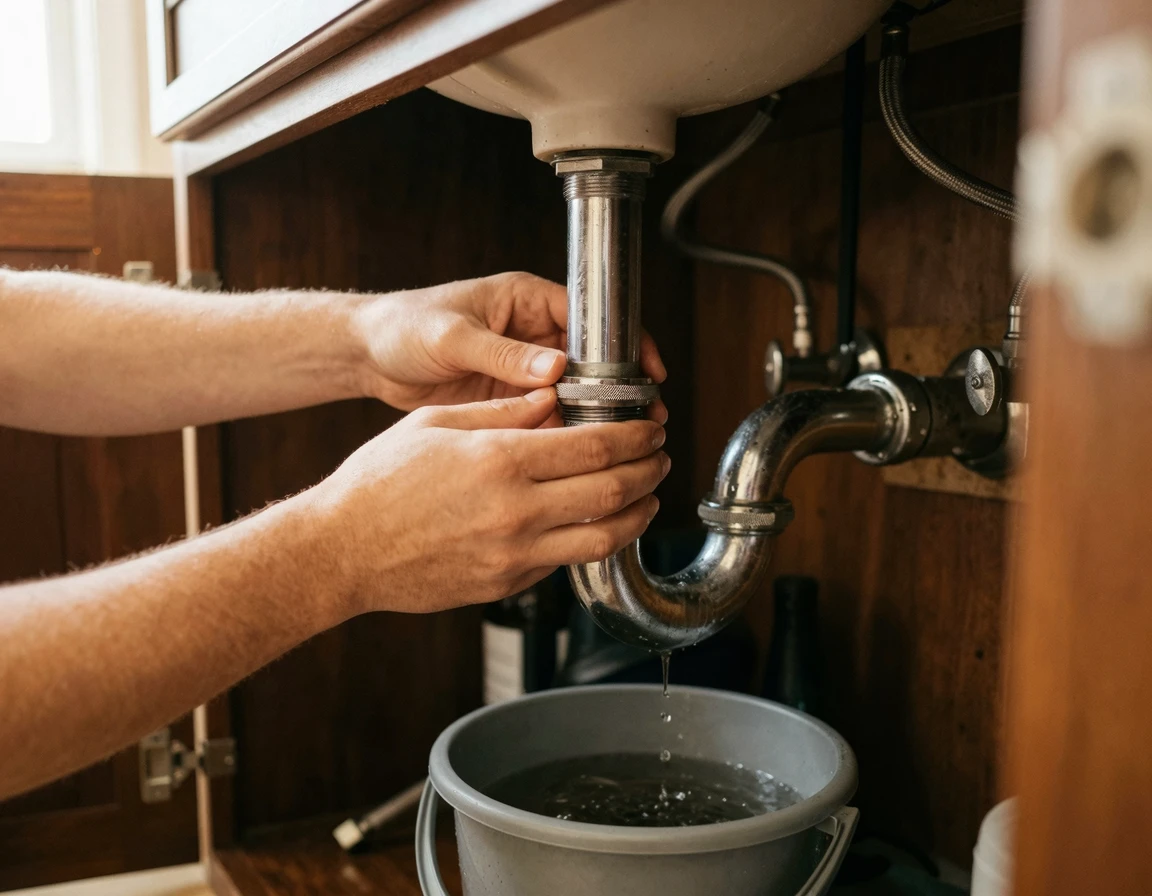 대야를 받치고 세면대 하부 트랩을 분리하는 과정