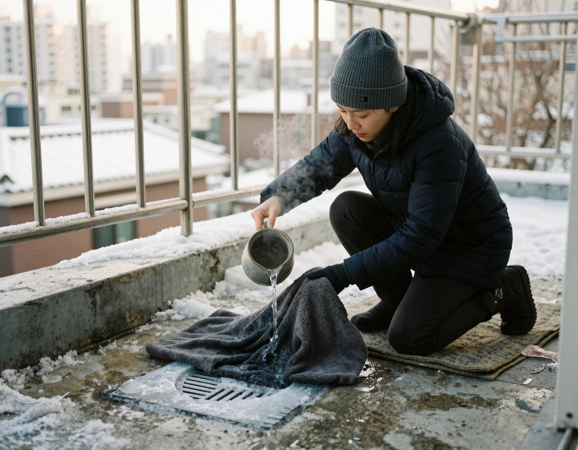 수건과 따뜻한 물을 이용해 하수구를 녹이는 모습