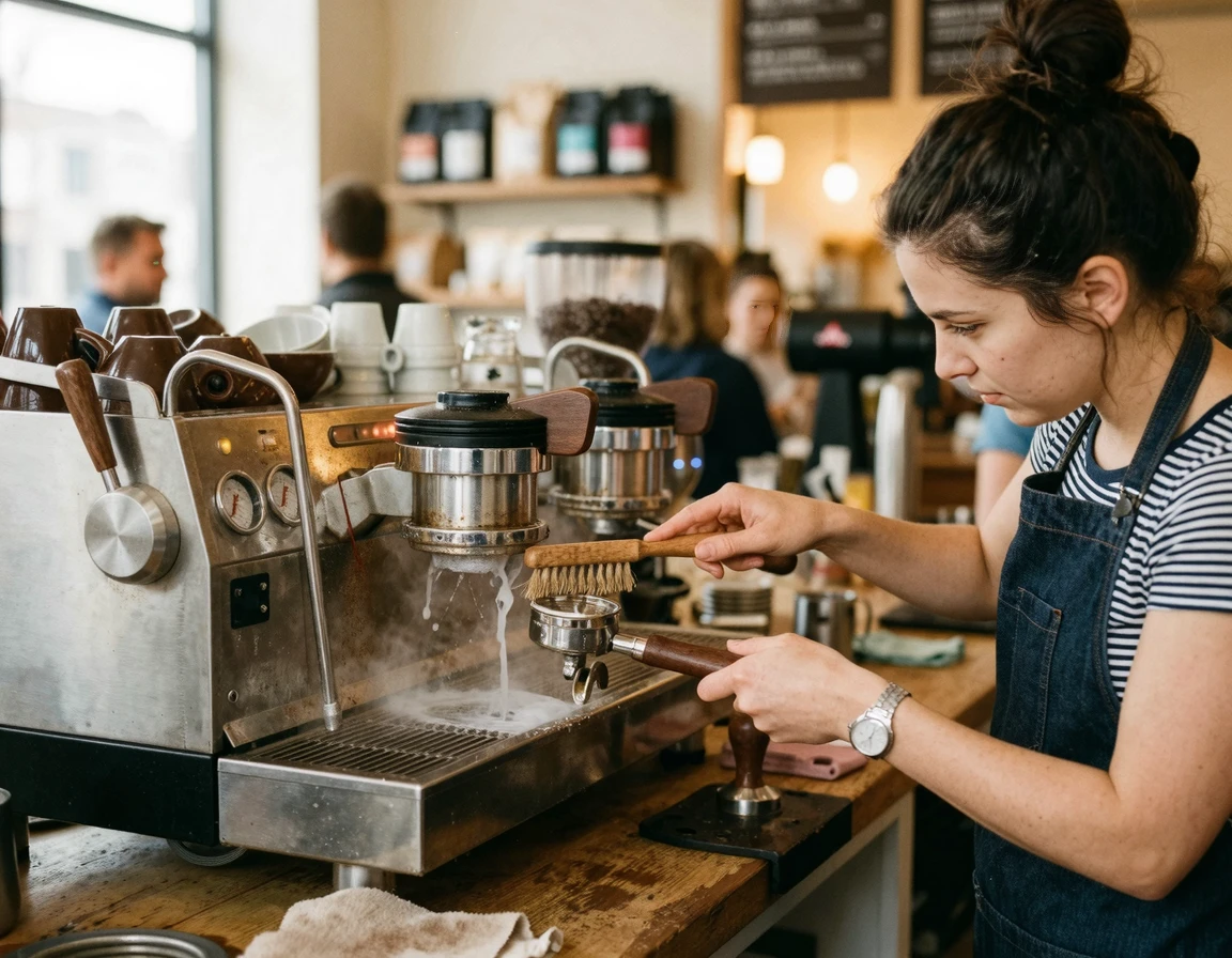 에스프레소 머신 그룹헤드를 청소하는 모습