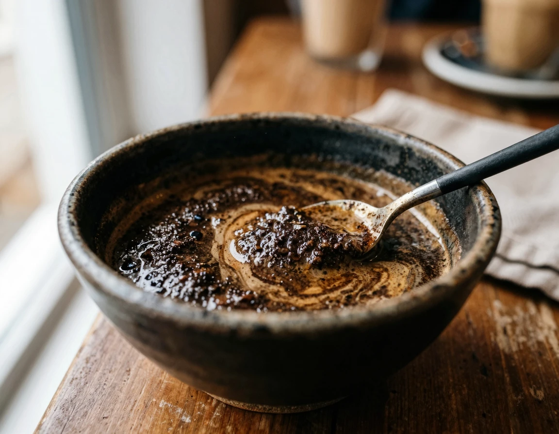 물과 섞인 에스프레소 커피 찌꺼기의 모습