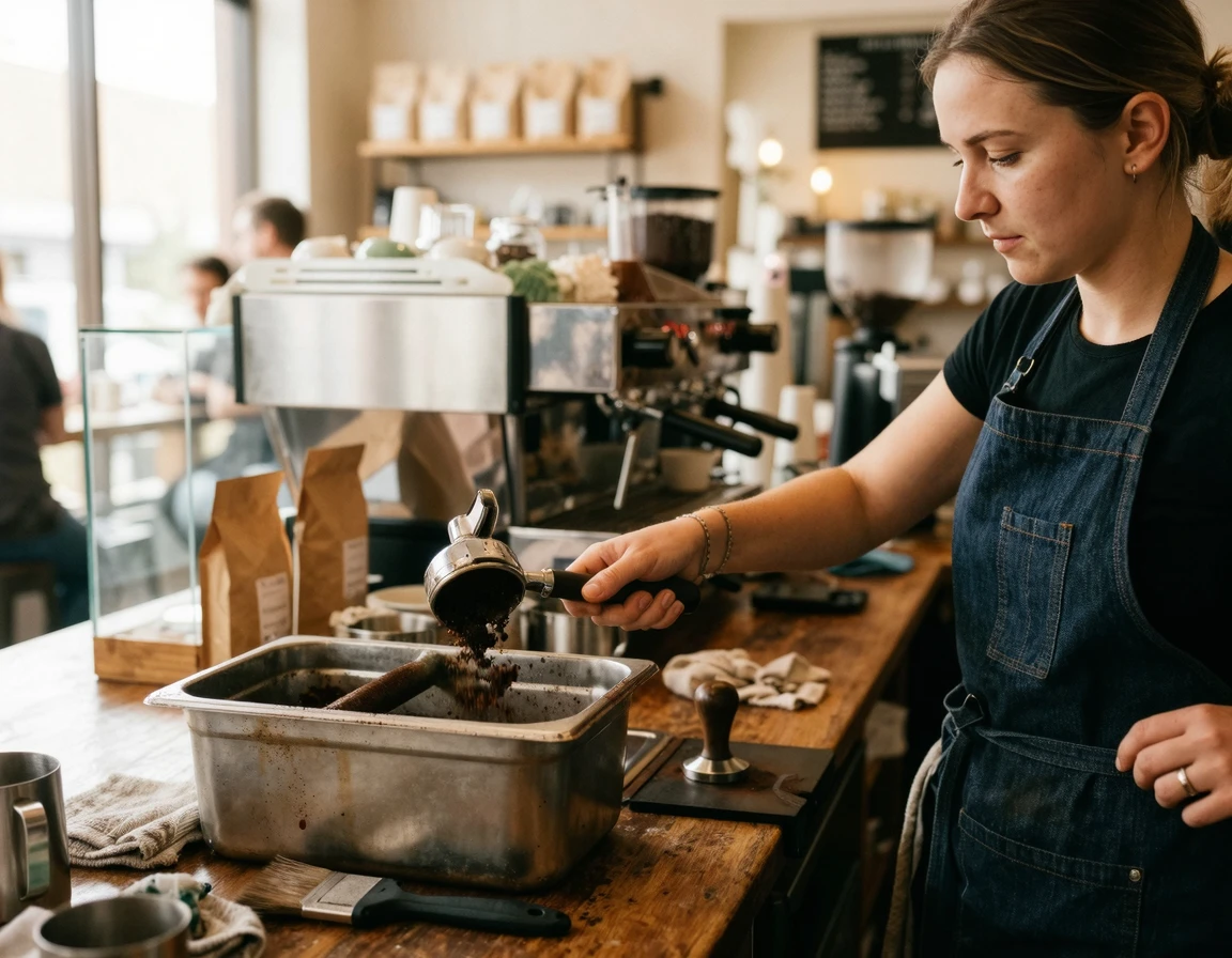 넉박스에 커피 찌꺼기를 털어내는 바리스타
