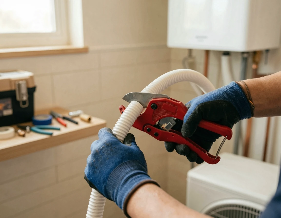 작업용 장갑을 끼고 에어컨 배수 호스를 절단하는 모습