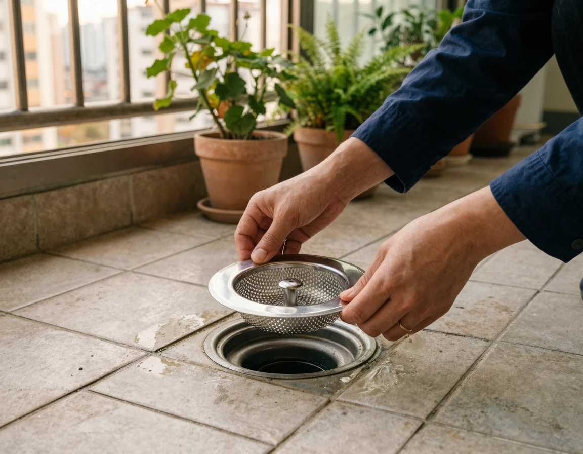 베란다 배수구에 스테인리스 거름망을 설치하는 모습