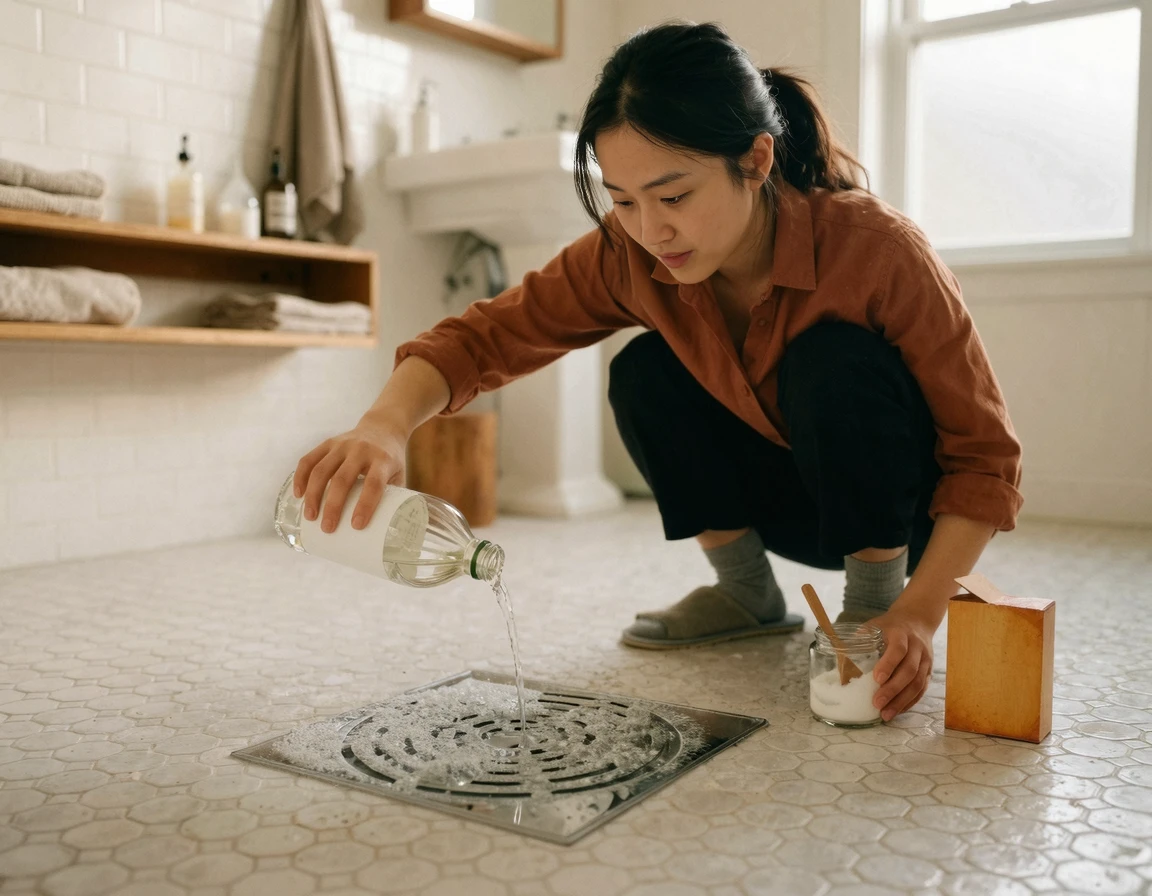 하수구에 베이킹소다와 식초를 부어 거품이 일어나는 모습