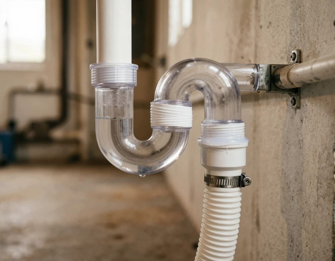 에어트랩이 배수 호스에 연결되고 테프론 테이프로 밀봉된 모습