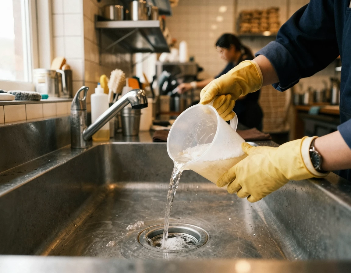 과탄산소다와 온수로 배수구를 청소하는 모습