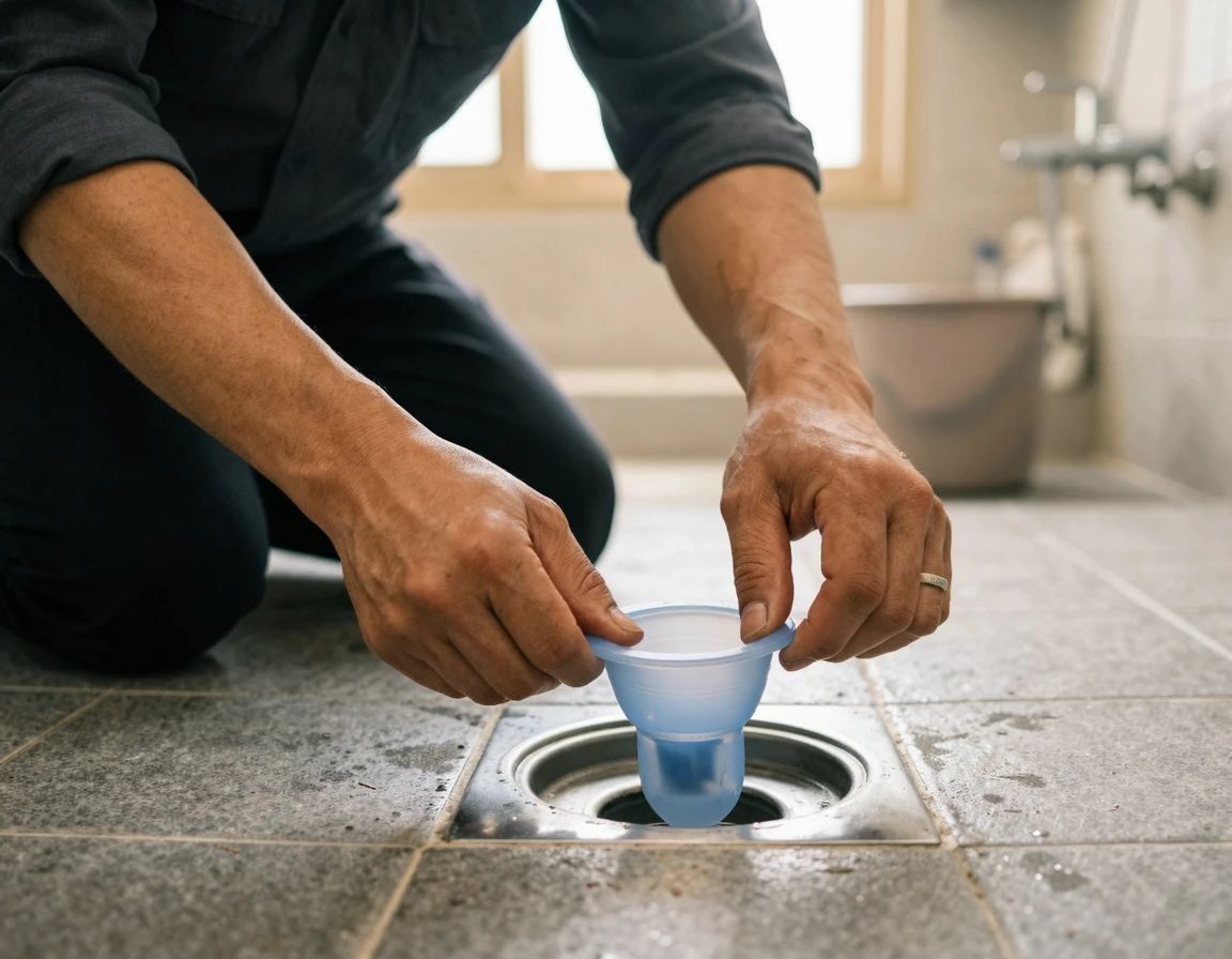 하수구 구멍에 악취 차단 트랩을 설치하는 모습