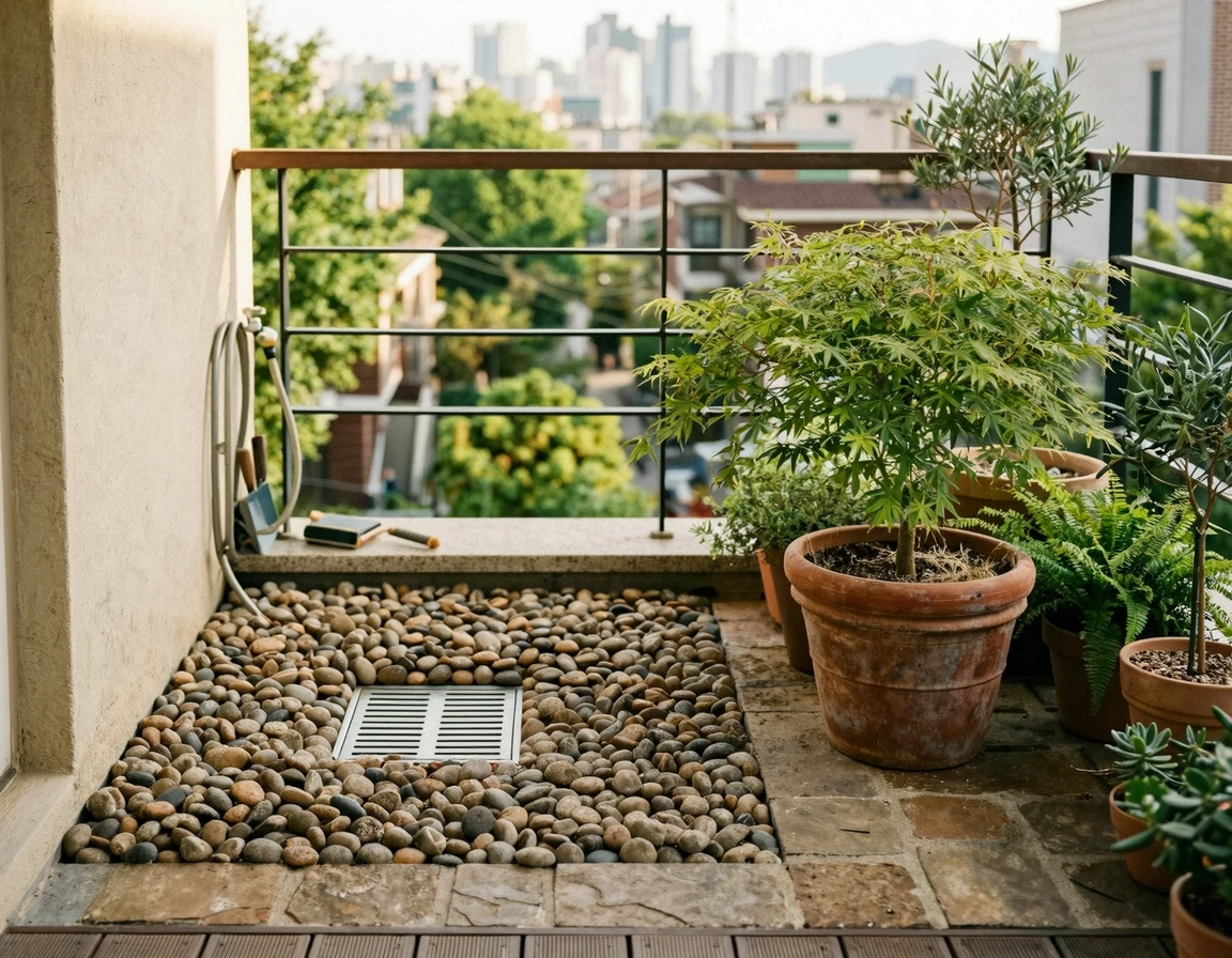 부직포와 자갈로 깔끔하게 마감된 베란다 배수구 세팅