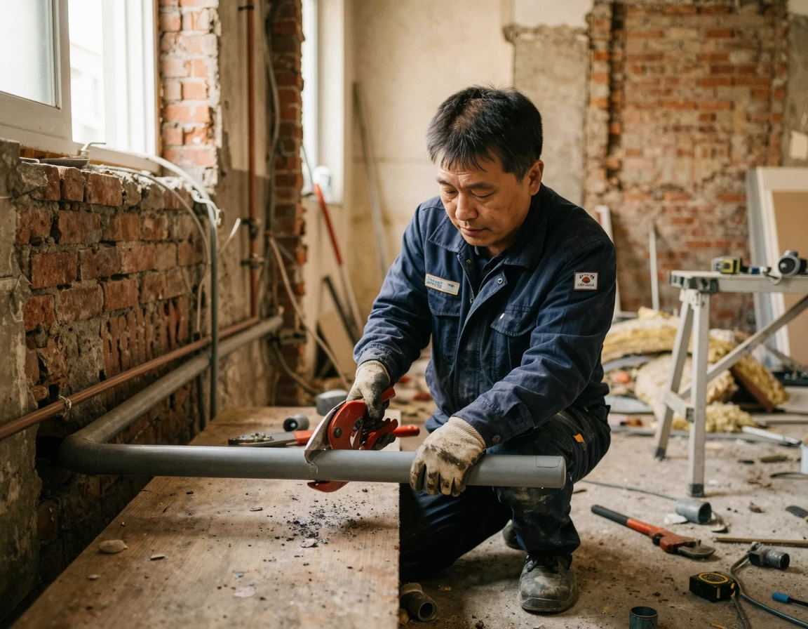 화장실 리모델링 현장에서 PVC 배관을 절단하고 있는 작업 모습