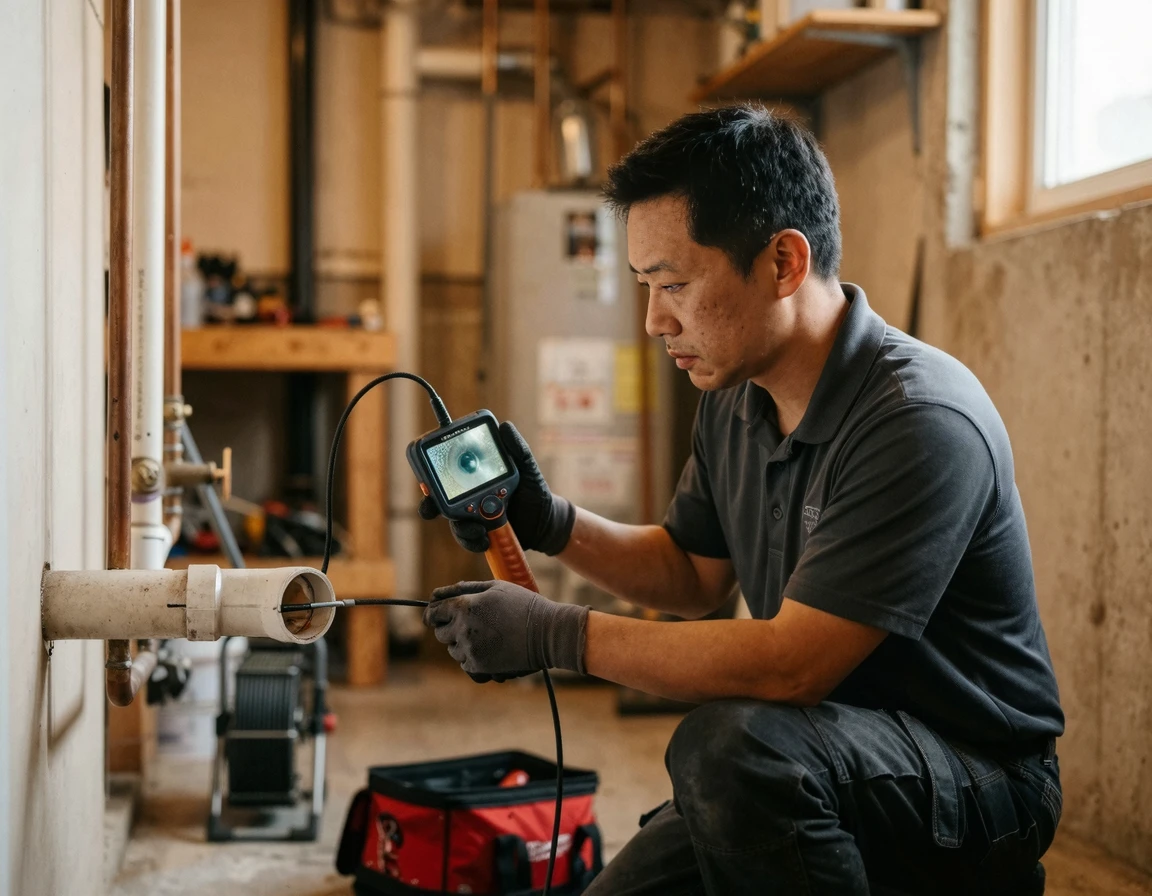 전문가가 내시경 카메라로 하수구 배관 막힘 원인을 파악하는 모습