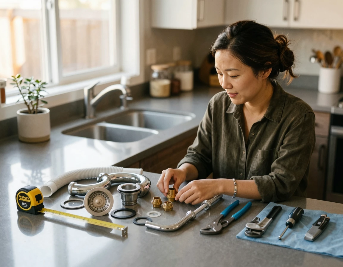 싱크대 배수구 교체를 위해 준비된 부품과 공구들