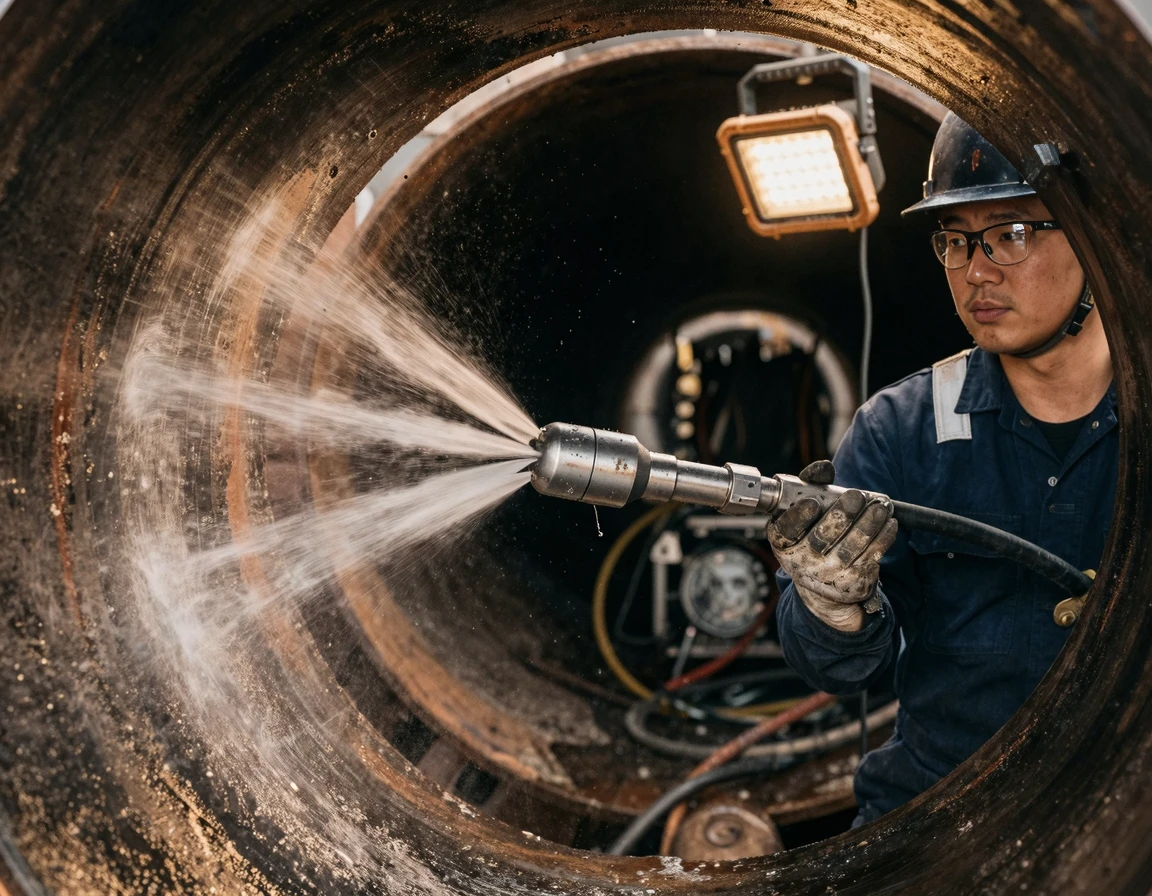 배관 내부에서 강력한 물줄기를 뿜어내는 고압 세척 노즐
