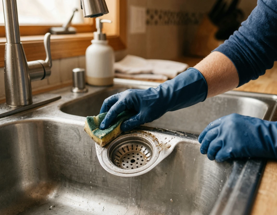 싱크대 배수구 철거 후 오염물을 깨끗하게 닦아내는 모습