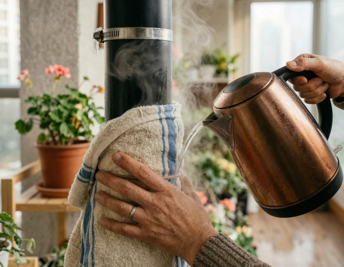 언 하수구 배관에 수건을 감싸고 따뜻한 물을 부어 녹이는 모습