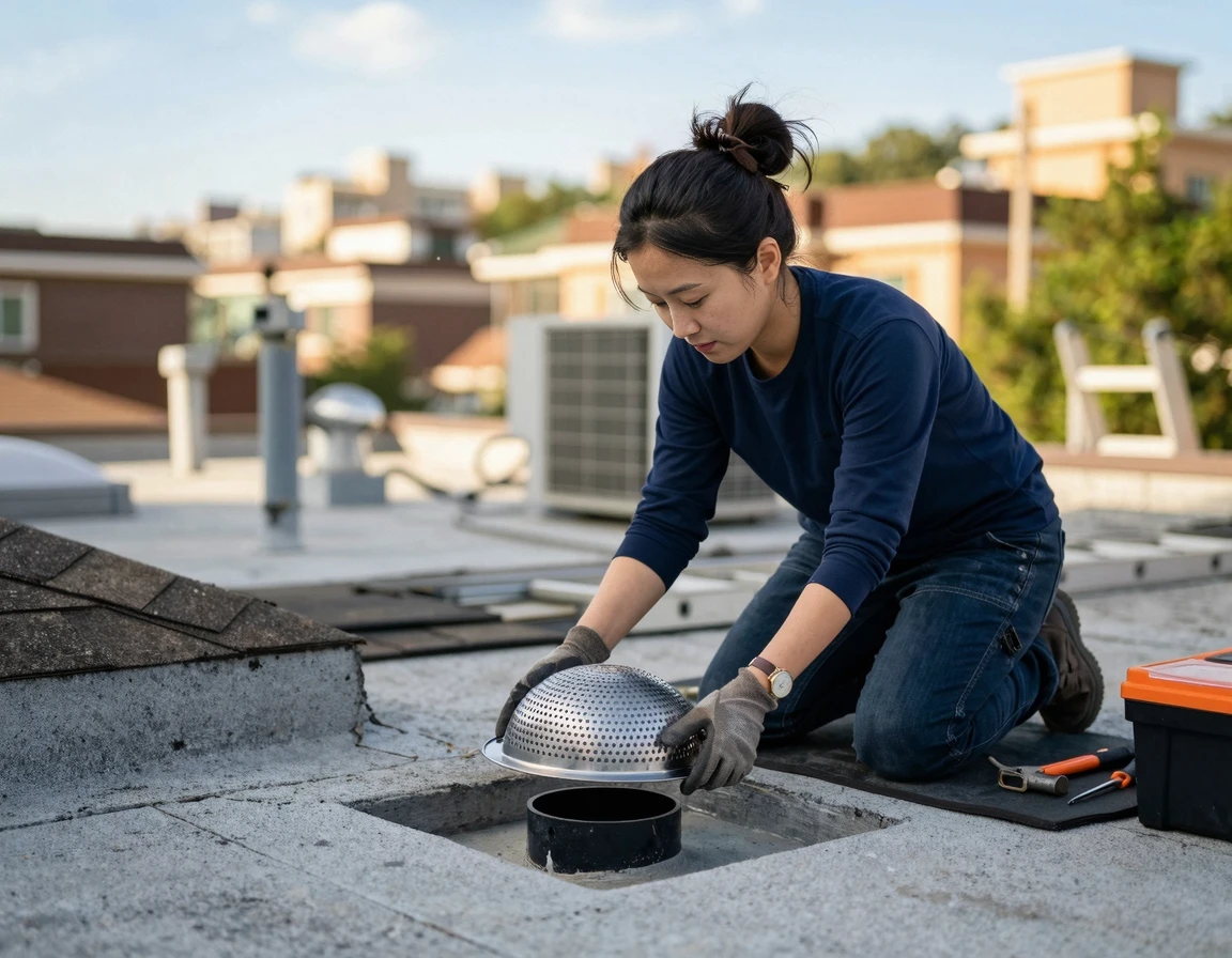 옥상 하수구에 돔형 거름망을 설치하는 모습