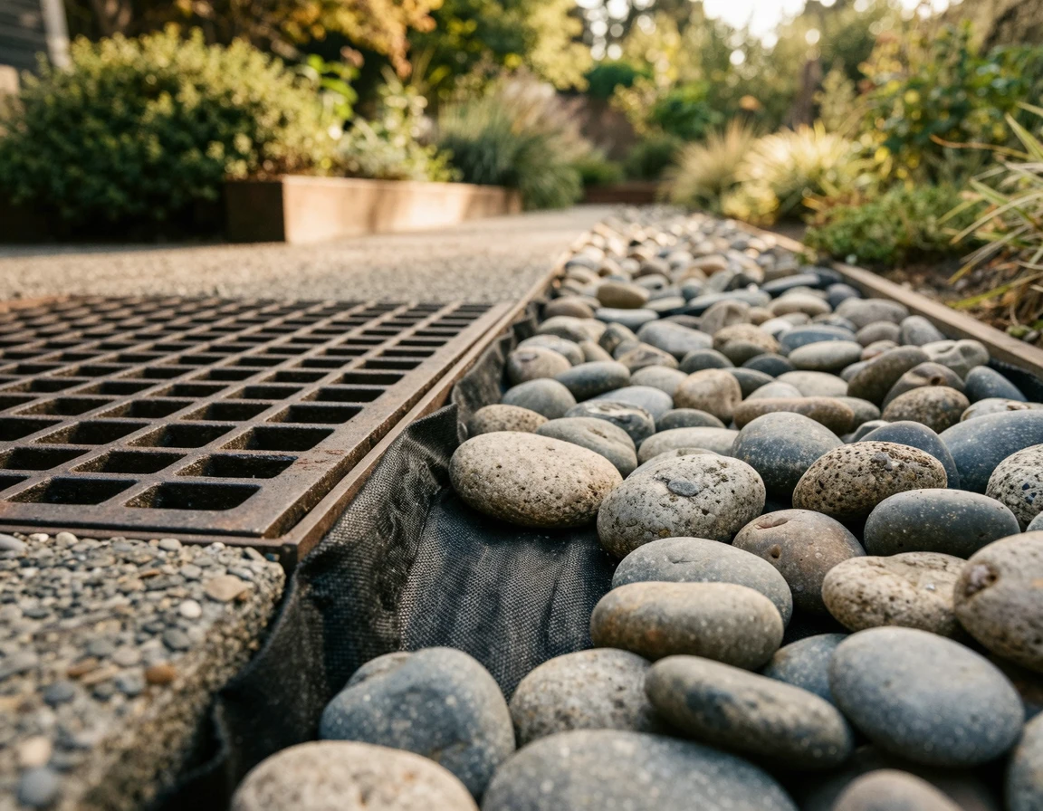 자갈과 투수 부직포를 활용해 흙 유입을 막는 배수구 필터링