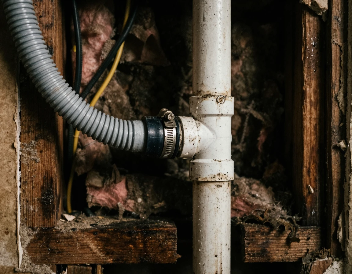 에어컨 매립 배관과 하수구 연결 부위의 내부 모습