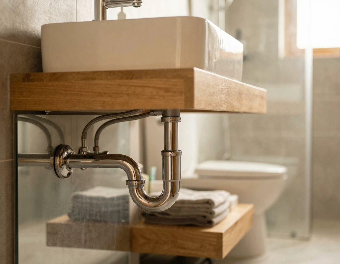 세면대 아래 벽면으로 연결된 금속 재질의 P트랩