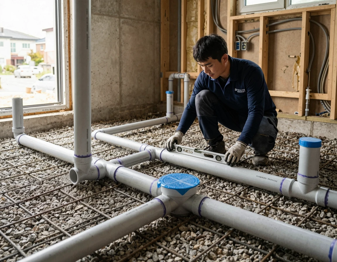 깔끔하게 시공된 화장실 바닥의 저소음 하수구 배관 모습