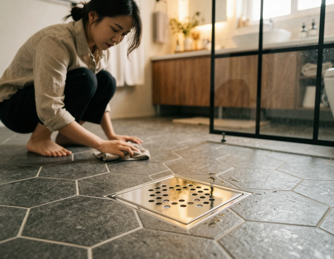 깨끗하게 관리된 화장실 바닥 배수구