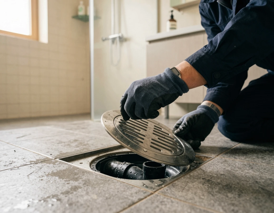 화장실 바닥 배수구 커버를 열고 점검하는 모습