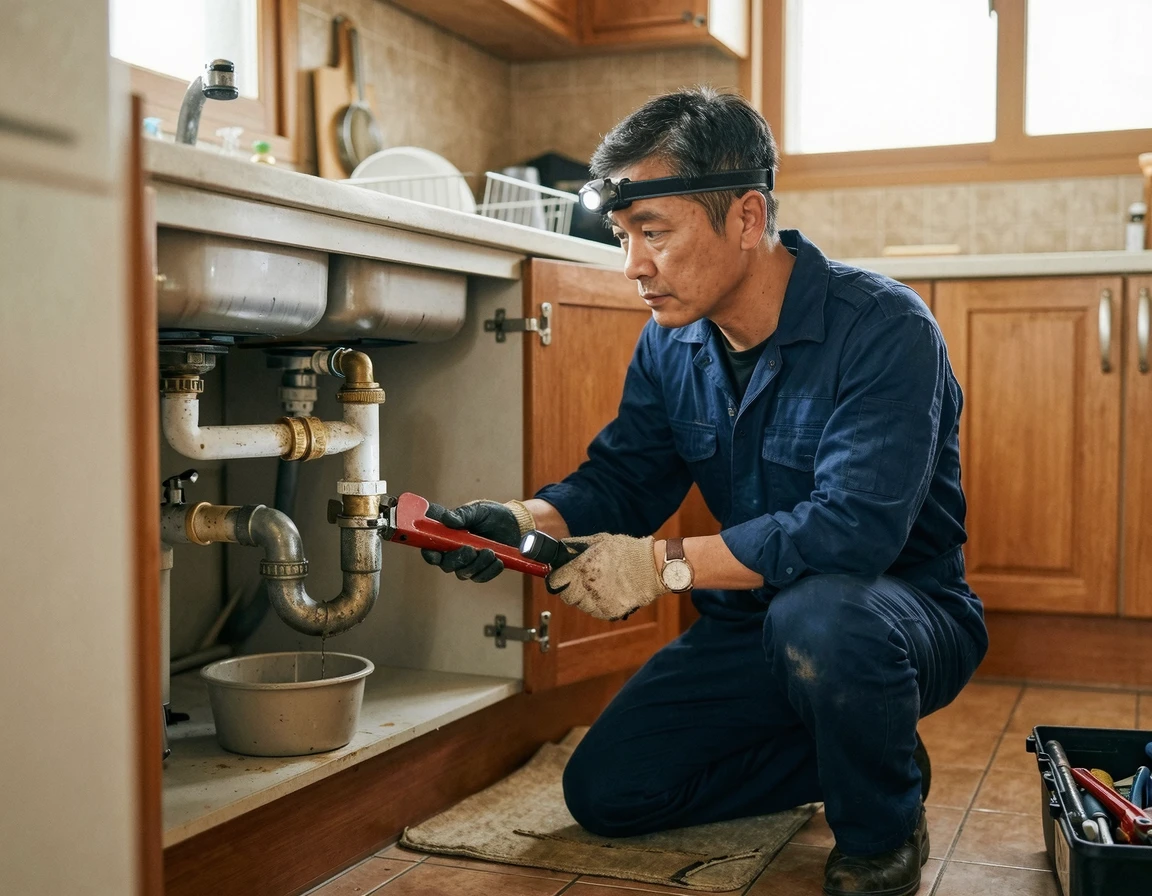 싱크대 배수관을 꼼꼼하게 점검하고 있는 전문가의 모습