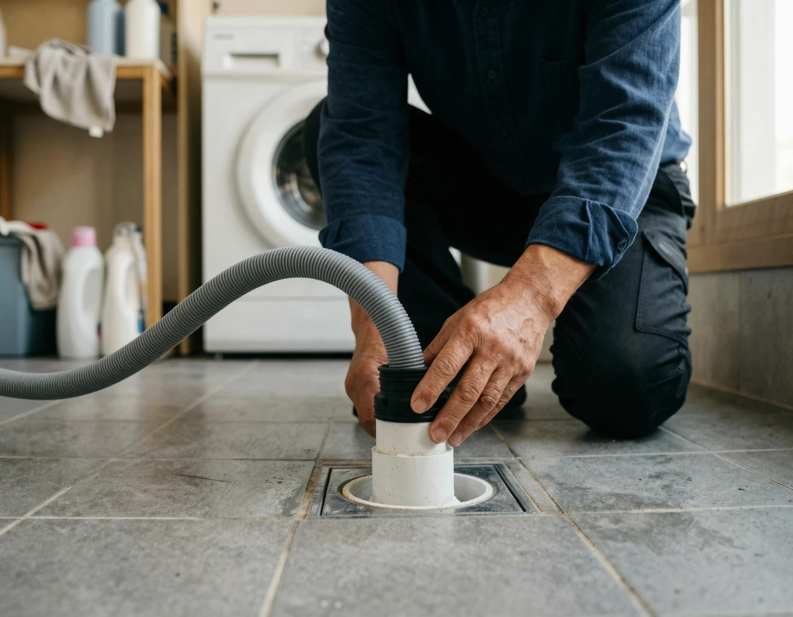 세탁기 배수 호스와 배관 연결 부위를 점검하는 모습