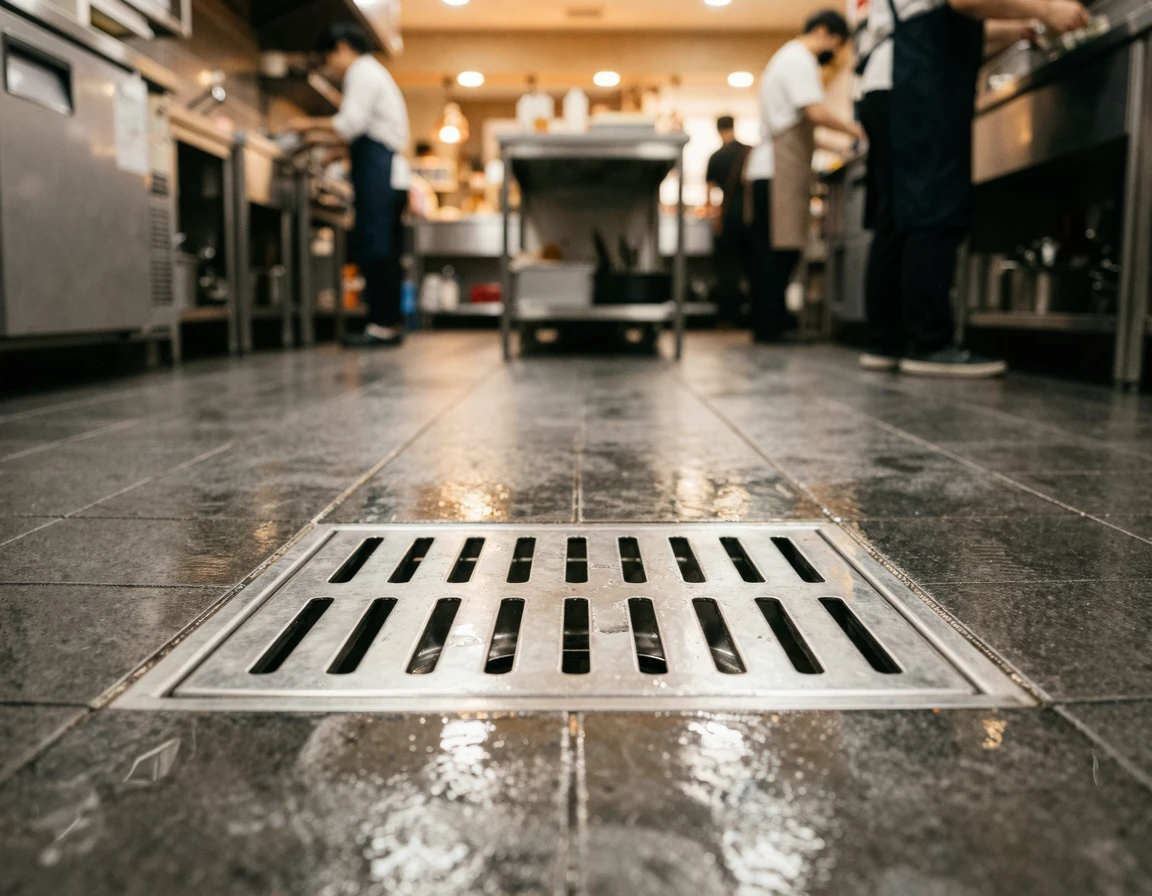 깨끗하게 관리된 스테인리스 재질의 급식실 바닥 하수구 모습