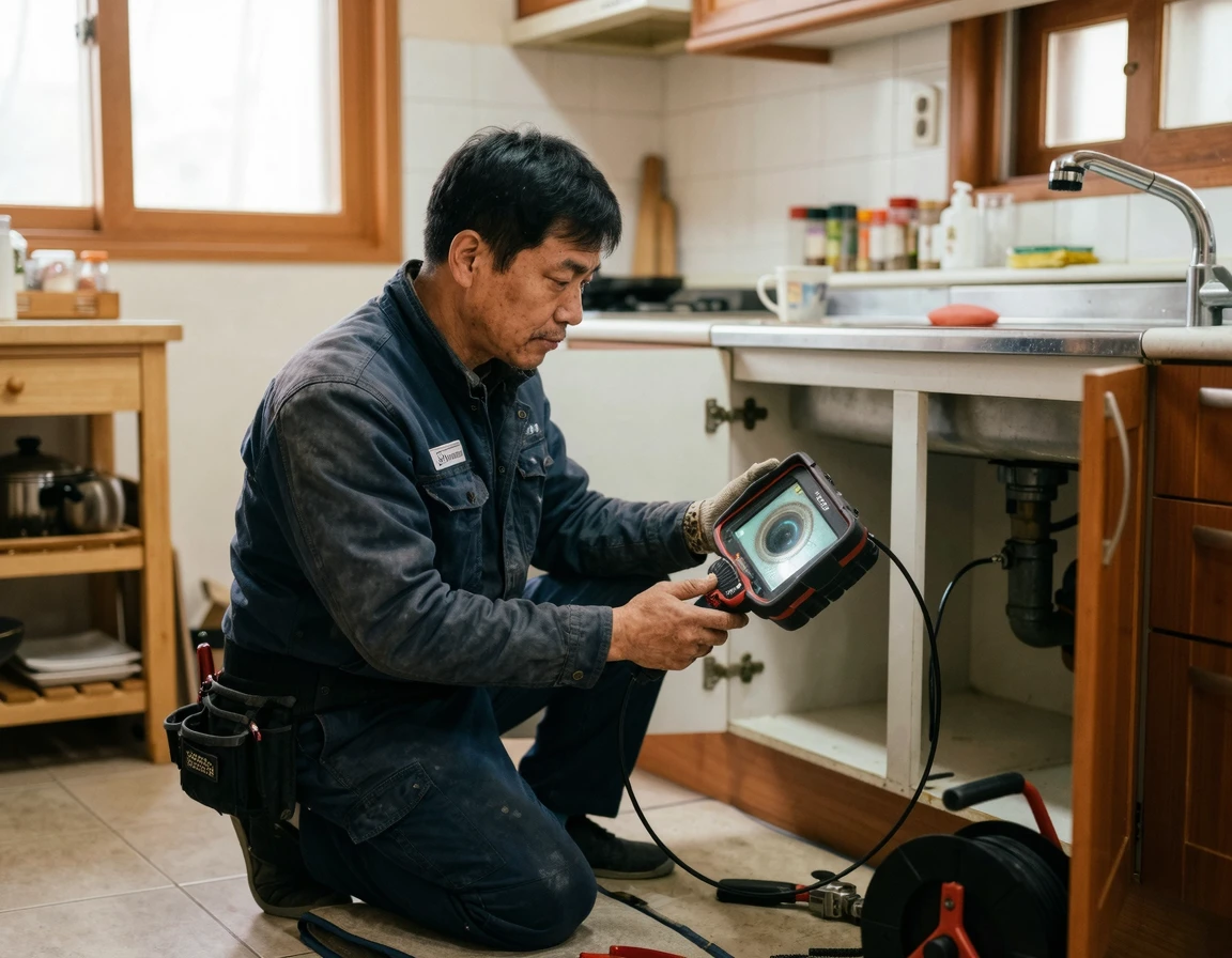 주방에서 내시경 카메라 모니터를 확인하는 40대 한국인 전문가