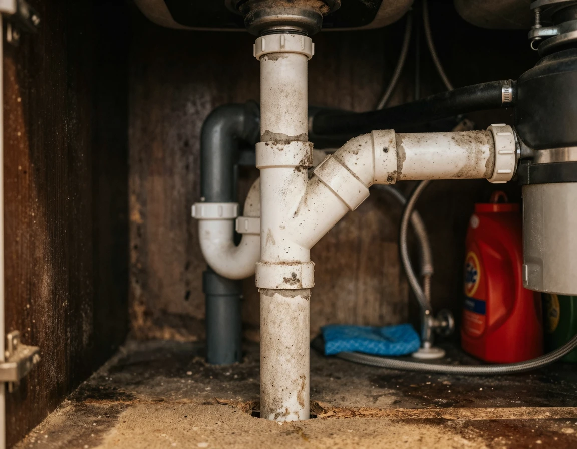 싱크대 하부장 내부의 Y자 배수관 구조