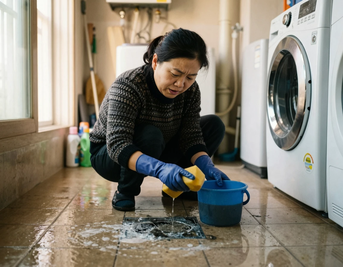 세탁실 하수구 역류 시 스펀지로 물을 퍼내는 초기 대처 모습