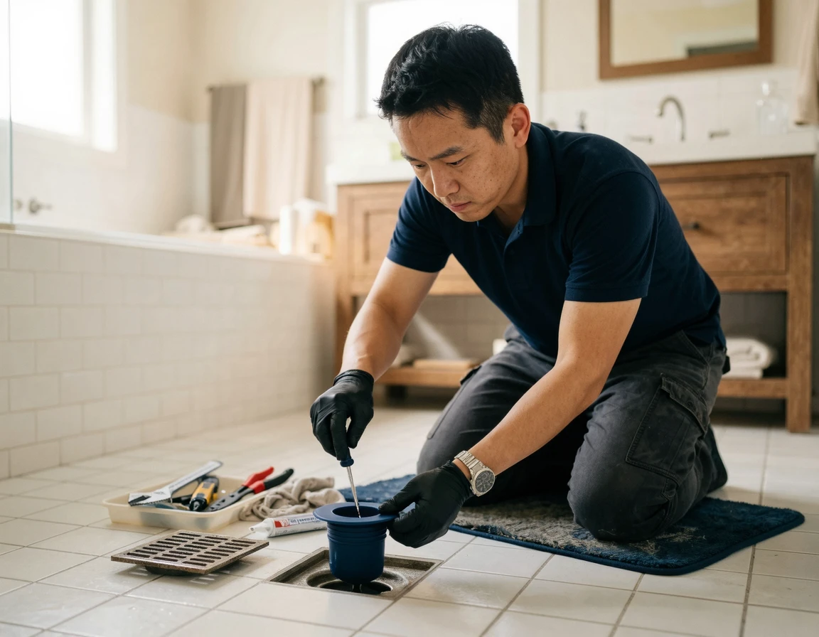 화장실 배수구에 냄새 차단 전용 트랩을 설치하는 모습