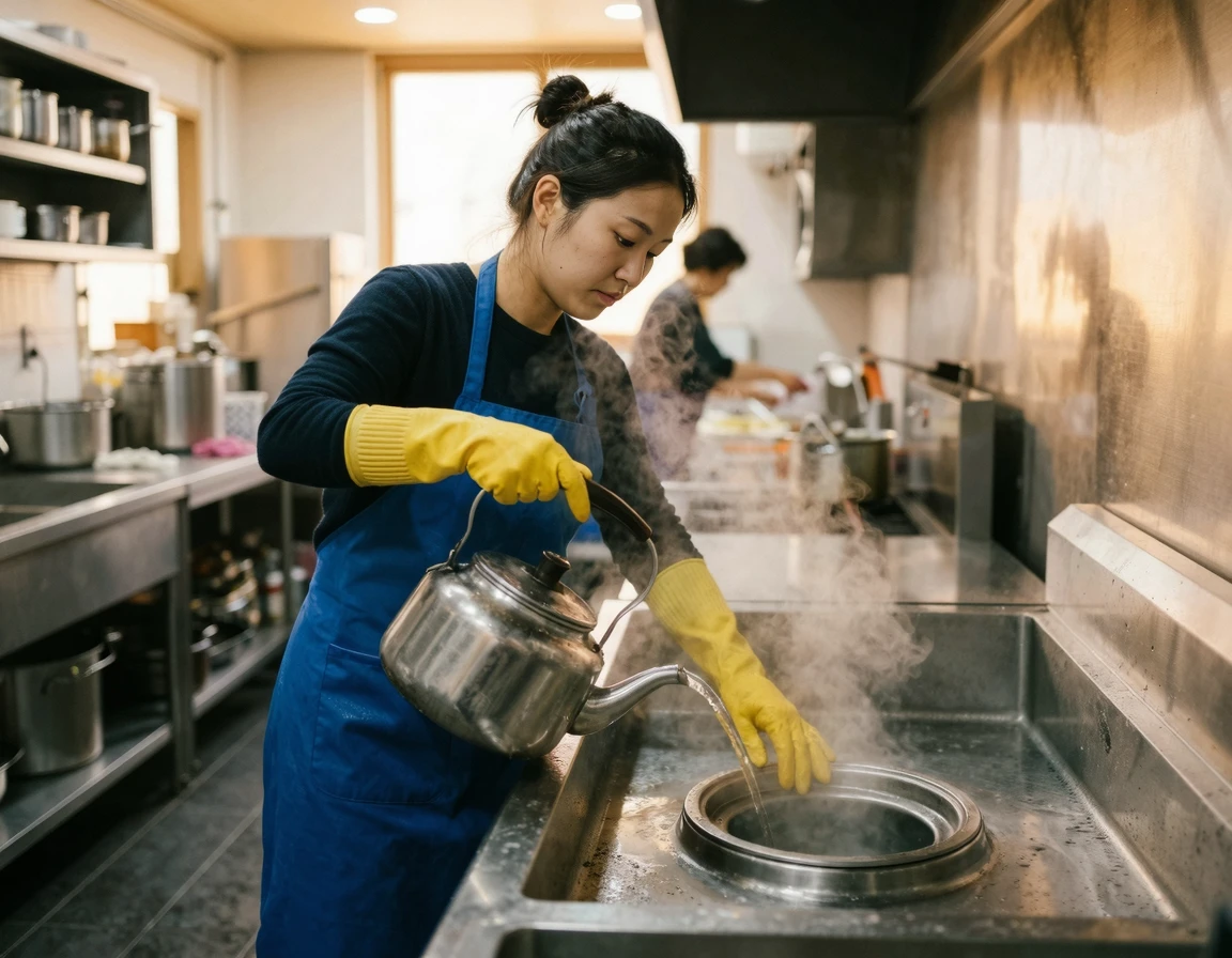 고무장갑을 끼고 급식실 하수구에 뜨거운 물을 부어 소독하는 모습