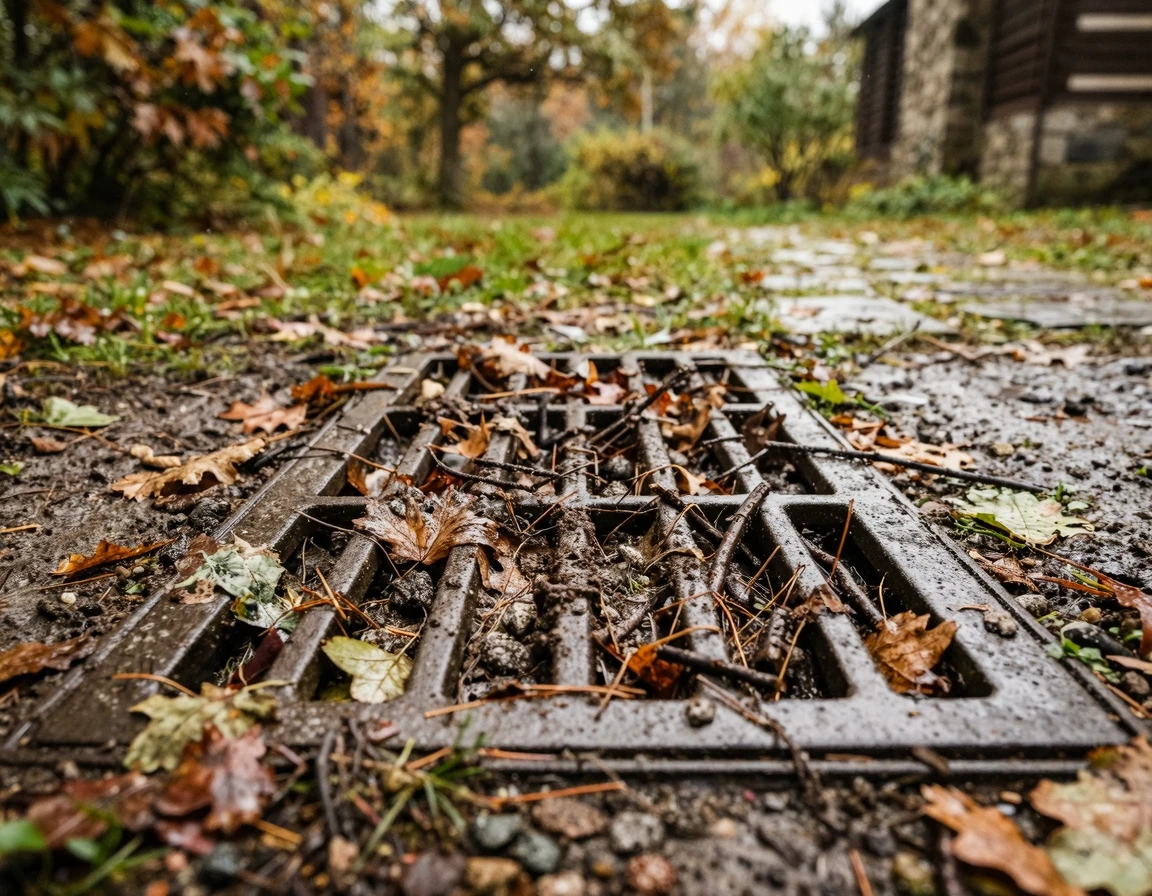 흙과 낙엽으로 막혀가는 전원주택 마당 트렌치 배수구 모습
