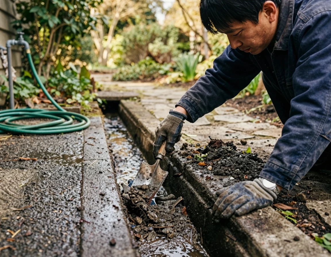 작업용 장갑을 끼고 트렌치 내부의 흙과 침전물을 청소하는 모습