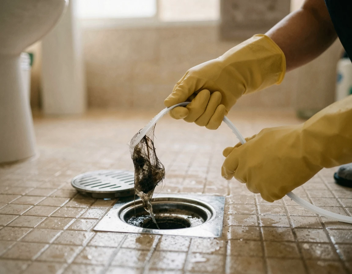 플라스틱 가시관으로 하수구 털을 제거하는 모습