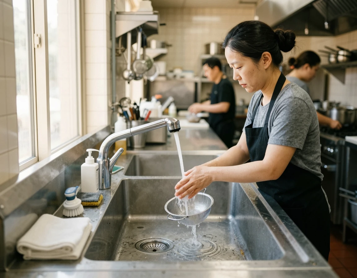 깨끗하게 관리된 주방 싱크대 배수구로 물이 시원하게 내려가는 모습