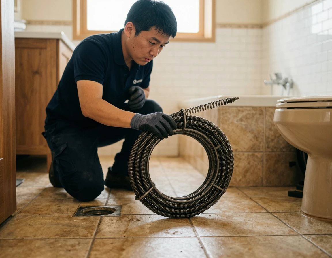 타일 바닥에 놓인 하수구 뚫는 전동 스프링 장비
