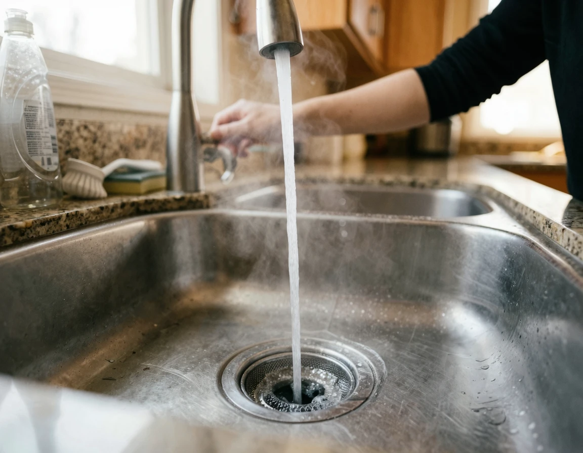 싱크대 하수구로 뜨거운 물이 시원하게 내려가는 모습