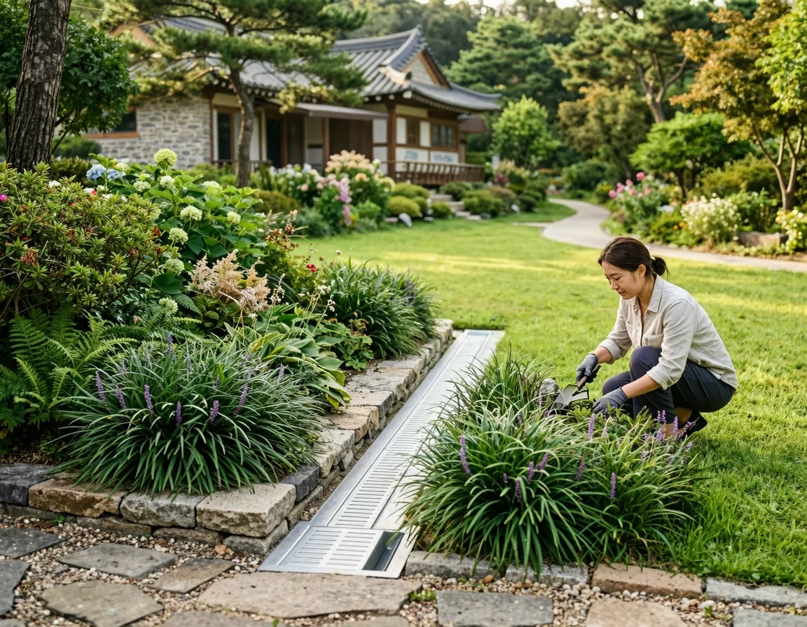 트렌치 주변에 잔디와 지피식물을 심어 흙 유실을 막은 조경