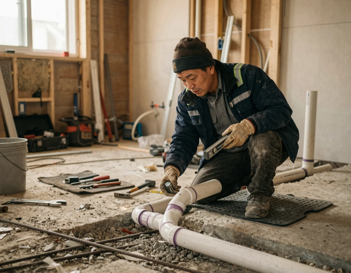 화장실 바닥 철거 후 노출된 하수구 배관을 점검하는 모습