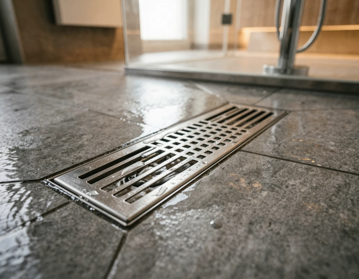 현대적인 회색 타일 위에 깔끔하게 설치된 스테인리스 화장실 배수구 마감 모습