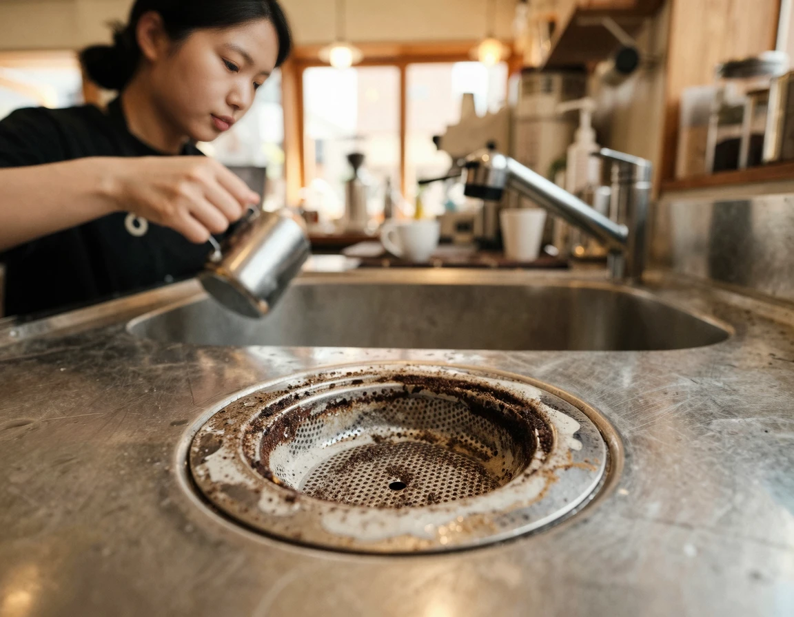 싱크대 배수구에 쌓인 커피 찌꺼기와 우유 찌꺼기