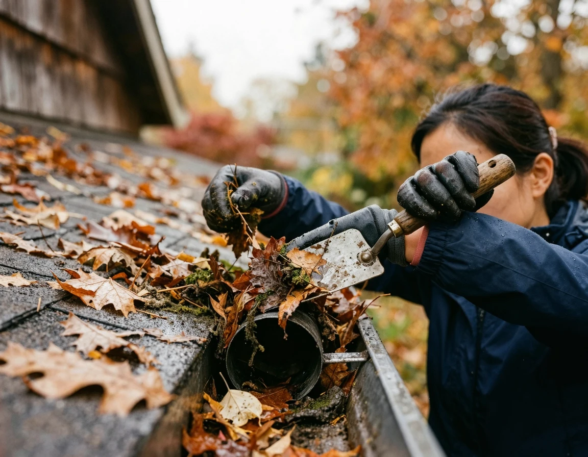장갑을 끼고 옥상 우수관 낙엽을 청소하는 모습