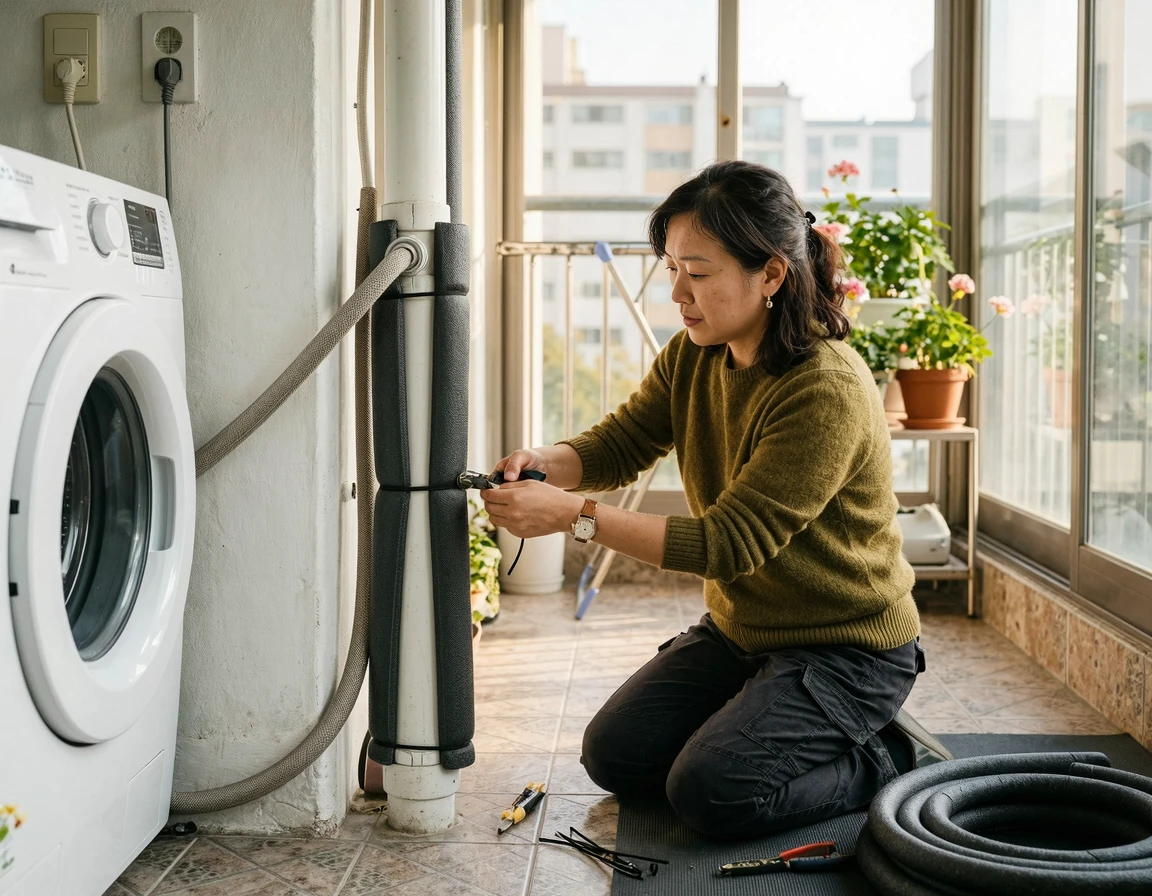 베란다 노출 배관에 두꺼운 보온재를 씌우고 케이블 타이로 고정하는 예방 작업