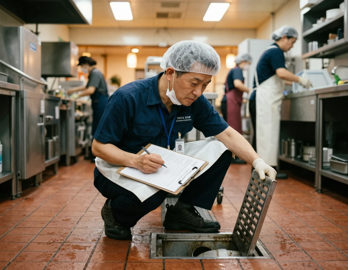 클립보드를 들고 주방 하수구 상태를 점검하는 위생 관리자의 모습