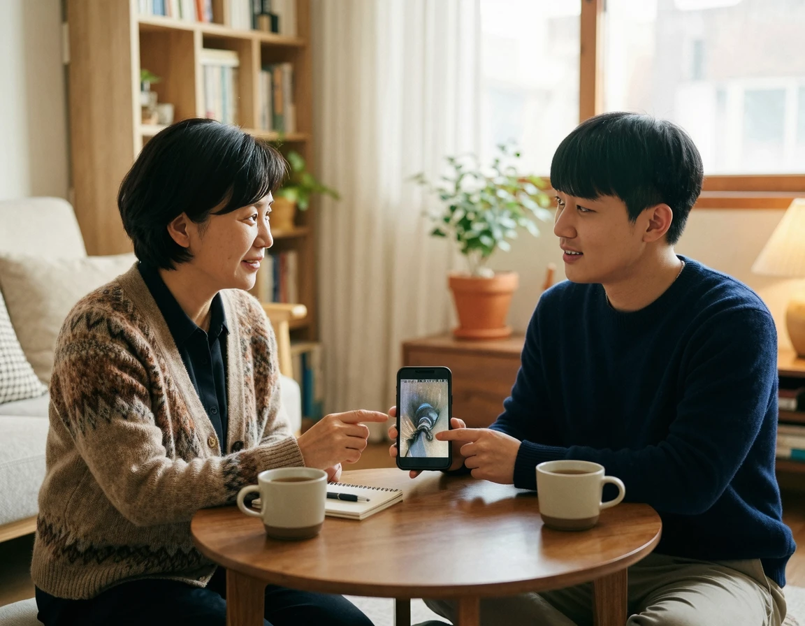 스마트폰으로 배관 내시경 영상을 보며 비용 문제를 협의하는 집주인과 세입자