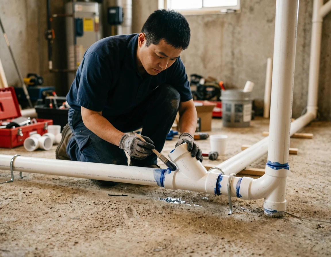 바닥 하수구 이동을 위해 PVC 배관을 연결하고 경사를 맞추는 작업 모습